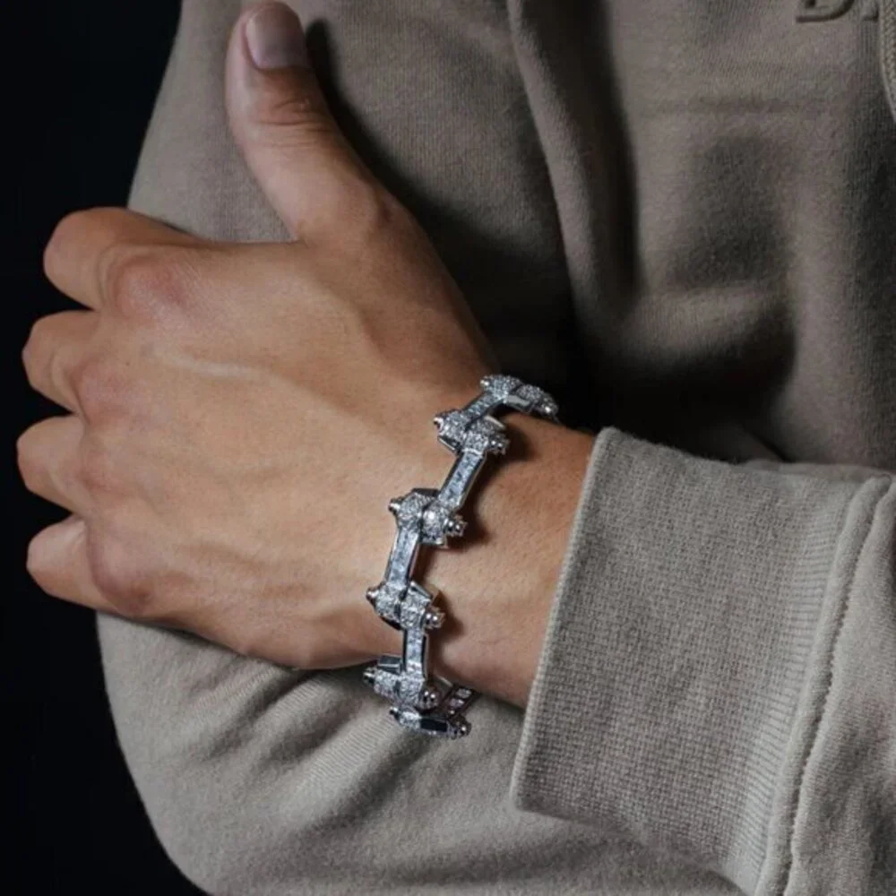 Rhodium Plated 925 Sterling Silver DC CZ Alternating Hinge Men's Bracelet 9